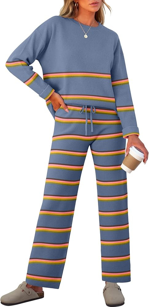 Caracilia Women's 2 Piece Outfits Sweater Sets Striped Oversized Sweaters Knit Wide Leg Pant Loun... | Amazon (US)