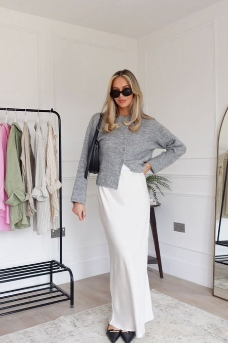 Grey Knitted Cardigan, White Satin Skirt, Spring Summer, Pointed Slingback flats, Outfit Inspiration, Spring Style, City Style,Smart Casual Style, Wardrobe
Staples

#LTKeurope #LTKstyletip #LTKSeasonal