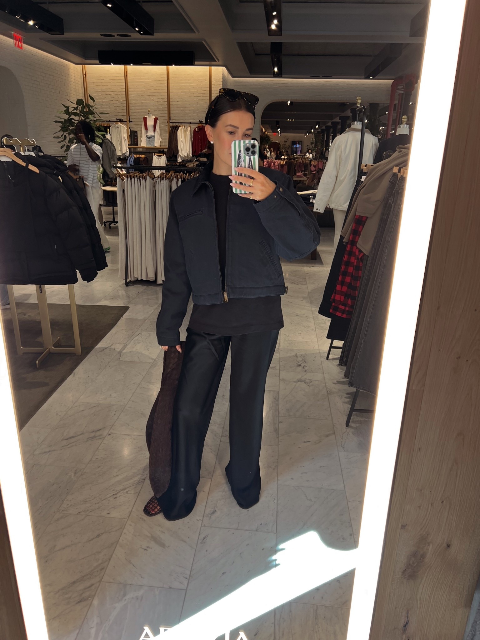 I love this jacket, wearing a size medium 
tee size small
pant size XS 