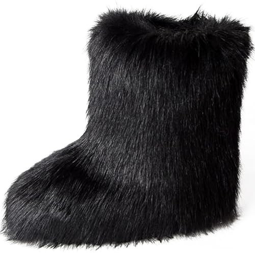YXCFEWD Fur Boots for Women Winter Fluffy Furry Boots for Girls Flat Heel Snow Boots(Black, 9) | Amazon (US)