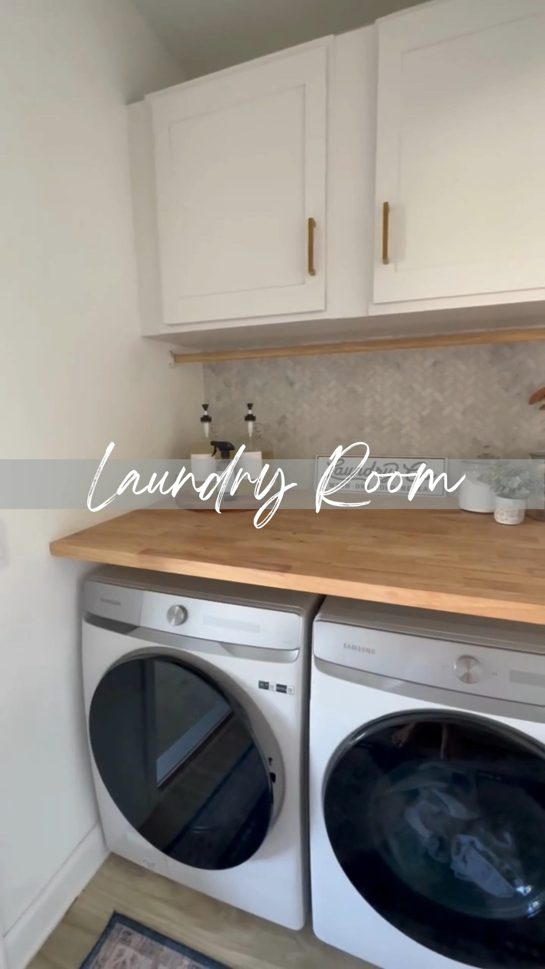 Laundry room tour 🧺 It’s seriously one of my favorite rooms in our home, and probably my favorite DIY project (and we’ve done a lot!). My husband added the cabinets, butcher block countertop, backsplash, and hanger bar. 

#washing #drying #organization #renovation #homedecor 

#LTKstyletip #LTKhome #LTKfamily