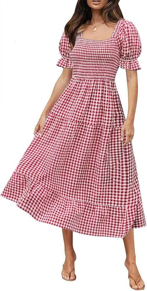 Amazon.com: MEROKEETY Women's Plaid Square Neck Ruffle Puff Sleeve Midi Dress Summer Boho Backles... | Amazon (US)