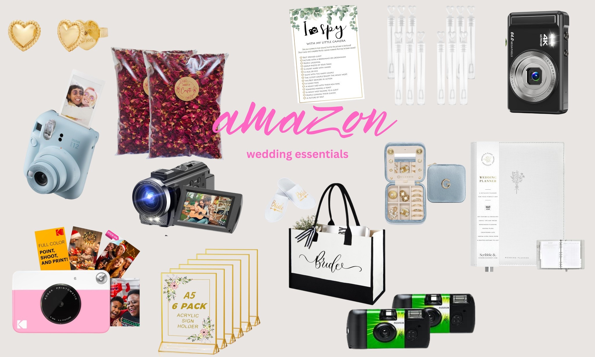 my wedding essentials from amazon —

1. confetti
2. digital camcorder
3. disposable cameras 
4. frames
5. jewellery cases
6. bags

#LTKwedding #LTKsummer #LTKgiftguide