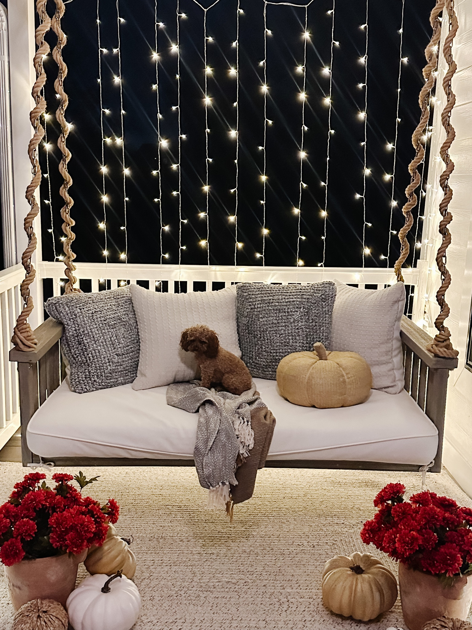 I love a cozy porch swing! This was so fun to decorate for the fall season. Holly bear has officially found a new favorite napping spot ❤️🍁🐶 

Porch swing decor | porch swing inspo | Ballard designs | Sunday daybed swing | rope detail | pottery barn pillows | pumpkin pillow | McGee and co throw | Michaels marigold faux florals | faux fall florals | Kirklands woven rug | Amazon curtain lights | fall porch swing | porch swing Inspo | Michaels faux pumpkins 

#LTKSeasonal #LTKhome