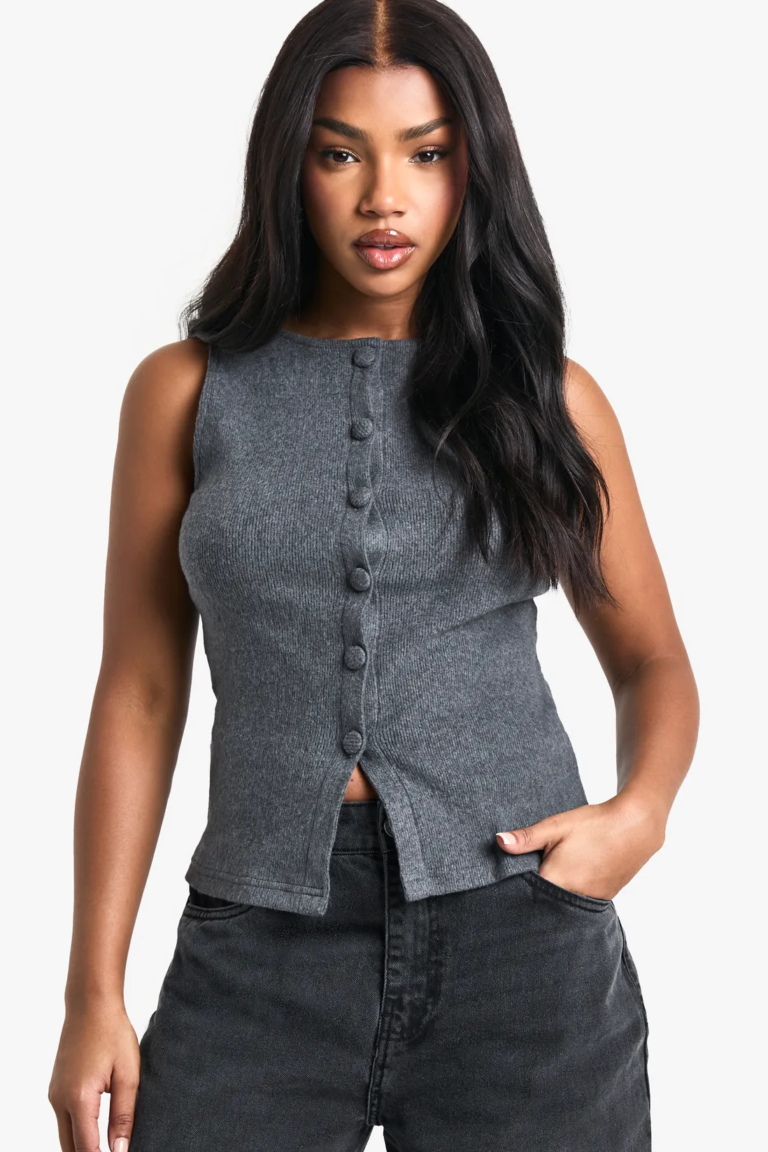Brushed Rib Button Through Waistcoat | boohoo (US & Canada)