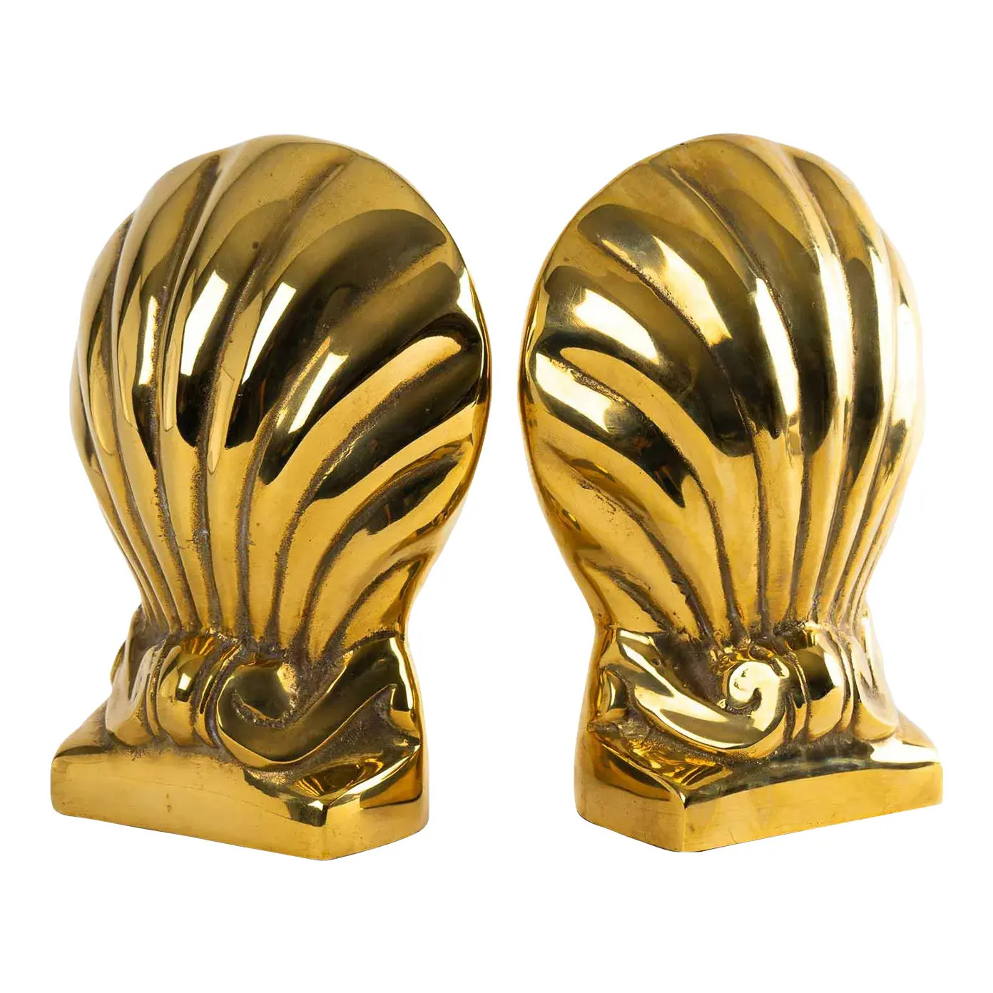 Vintage Brass Shell and Scroll Bookends | Chairish