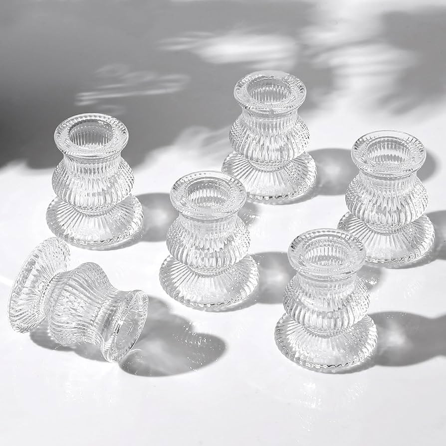 6 PCS Clear Glass Taper Candle Holders – Ribbed Candlestick Holders for Table Centerpiece | Ele... | Amazon (US)