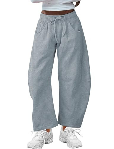 Hongsui Women's Barrel Leg Pants Elasticated Waistband Soft Wide Leg Pants with Pockets Casual Sweatpants (Grey-XXL) | Amazon (US)