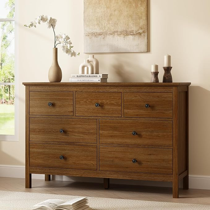 CARPETNAL 47" Walnut Dresser for Bedroom with 7 Drawer & Metal Handles | Amazon (US)