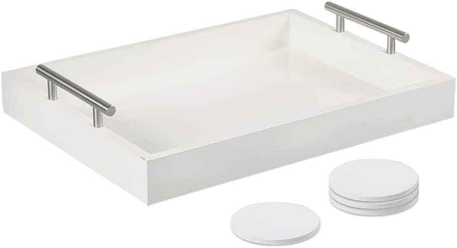 Juleduo Serving Tray with Polished Silver Metal Handles and 4 Coasters, Living Room Bathroom Coff... | Amazon (US)