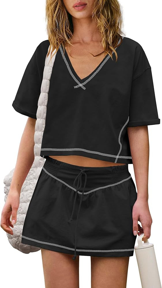 Nirovien Womens 2 Piece Workout Sets Summer Athletic Outfits Short Sleeve Crop Tops and Skirt wit... | Amazon (US)
