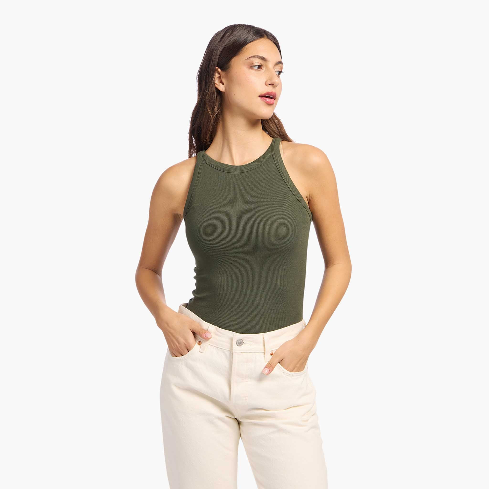 Slinky Rib Racer Tank | Darkest Olive | Nuuds US