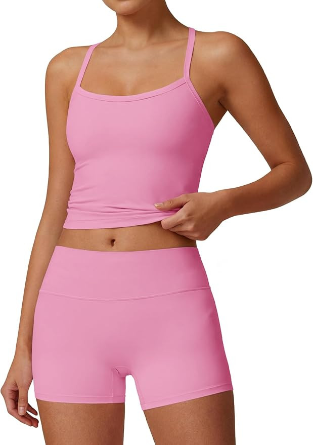 Aoysky Womens Buttery Soft 2 Piece Workout Sets High Waisted Booty Biker Shorts Halter Padded Tan... | Amazon (US)