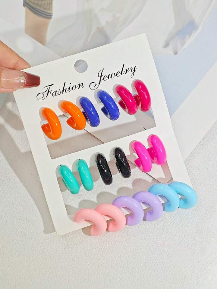 12pcs/18pcs Asymmetrical Hoop Earrings Set, Fashionable & Versatile Multicolor Acrylic C-Shaped Earrings | SHEIN