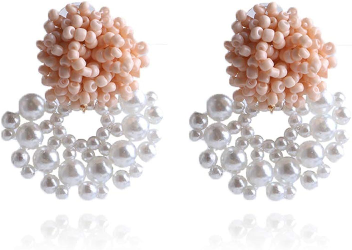 Handmade Beaded Earrings Bohemian Statement Drop Bead Earrings with Rattan Imitation pearls for Wome | Amazon (US)