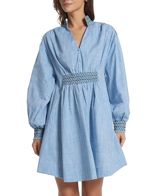 Women's Oversized Embroidered Dress Summer V Neck Long Sleeve Casual A Line Mini Dress | Amazon (US)