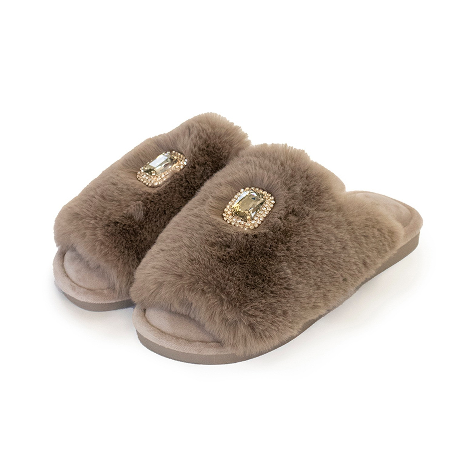 Embelished Faux Fur Slider Slipper Fifi In Truffle | Wolf & Badger (US)