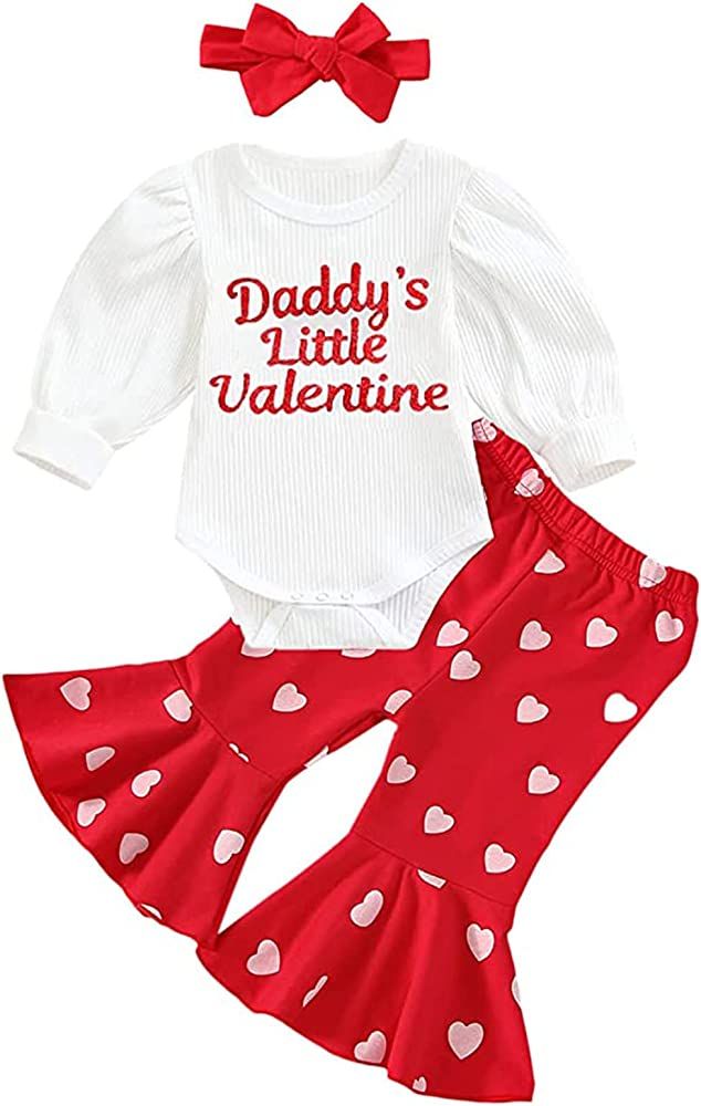 Dcohmch Newborn Baby Girl Valentines Outfit - Daddys Little Valentine Romper Bodysuit Bell Bottom... | Amazon (US)