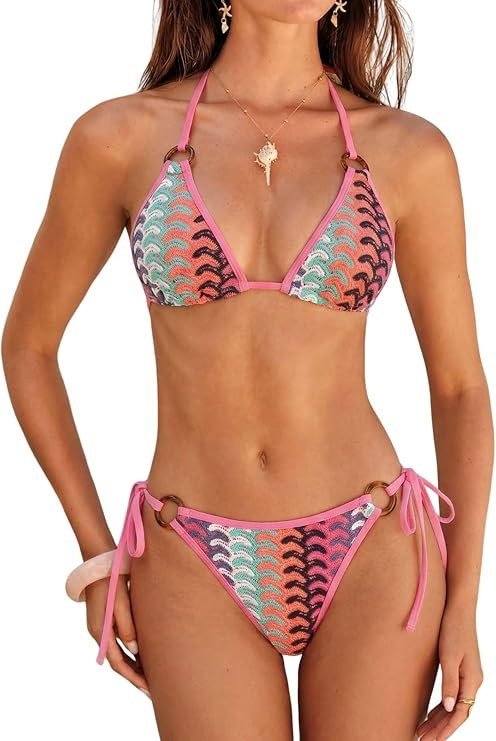 ZAFUL Triangle Bikini Sets for Women Sexy Halter String O Ring Swimsuits | O Ring Textured Triang... | Amazon (US)