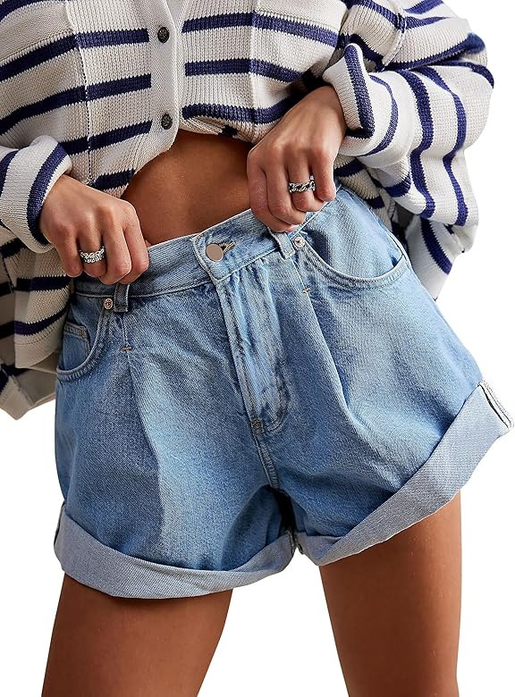 Womens Jean Shorts, Stretchy Denim Shorts with Pockets Elastic Waisted Relaxed Fit | Amazon (US)