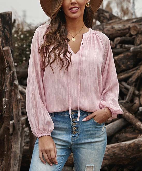 Pink Notch-Neck Peasant Top - Women | Zulily