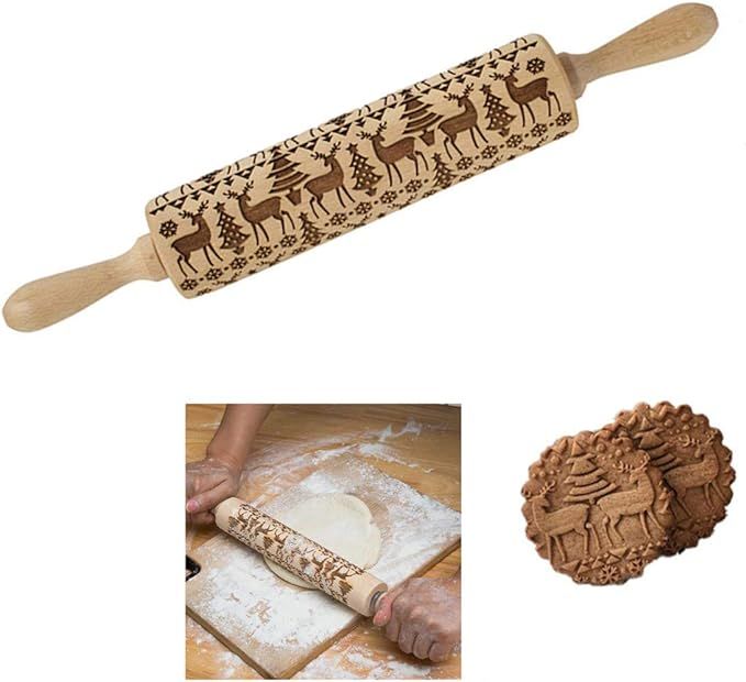 Embossed Wooden Rolling Pins with Elk Deer Pattern,Engraved 3D Holiday Rolling Pins for Baking to... | Amazon (US)