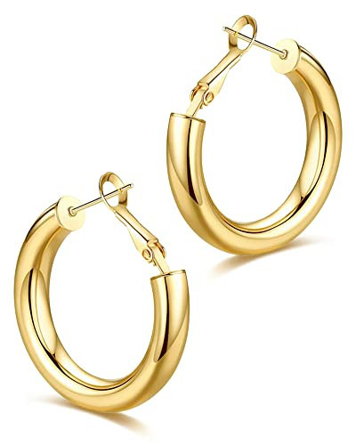 Amazon.com: wowshow Gold Hoop Earrings for Women Chunky Hoops 14K Gold Plated Thick Hollow Tube L... | Amazon (US)