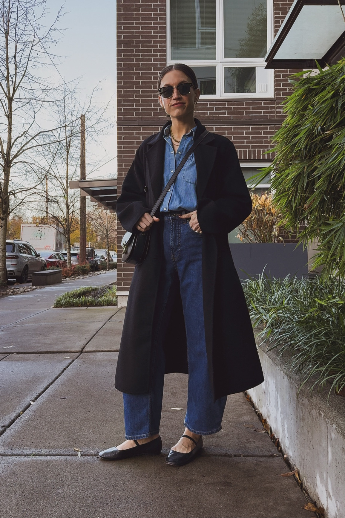Sézane shirt, 0, I sized down. Everlane jeans, 24, I sized down. Madewell flats, TTS.  Mango coat, XS, I stays TTS for an oversized fit. Sèzane bag. Quince sunglasses. Makena hoops, Herringbone necklace, and Parker Necklace from Sela Designs  

#LTKStyleTip #LTKSeasonal #LTKOver40