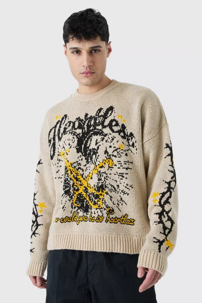 Oversized Boxy Brushed Graphic Knitted Jumper | Boohoo.com (UK & IE)
