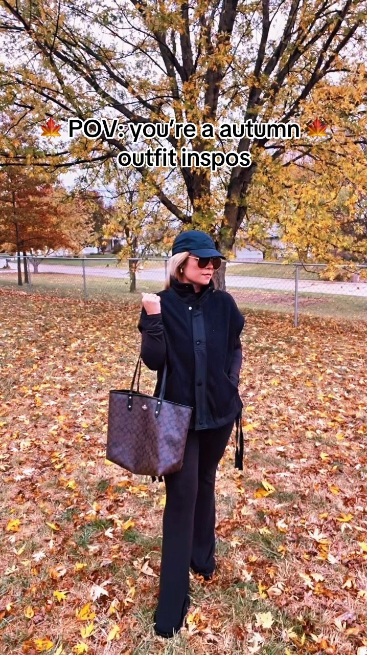 Black outfit ideas 
#ootd
#outfitideas #outfitinspos 
Black oversized vest medium 
Black mock neck 
Flare LuluLemon 6 short
Black Uggs 
Coach bag
Black hats 
Inspo

#LTKBeauty #LTKSeasonal #LTKVideo