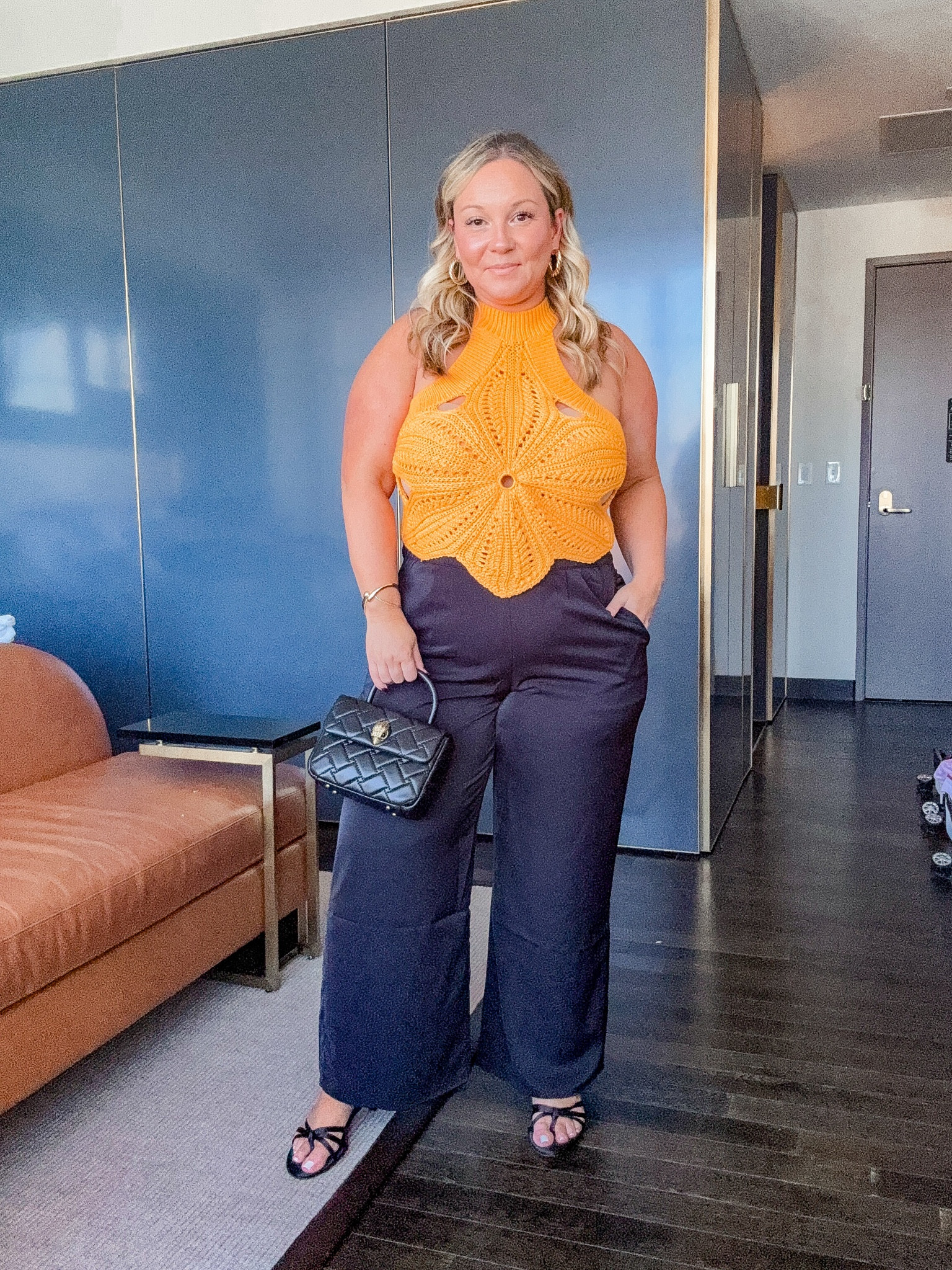 Midsize fall outfit for warmer weather 
What I wore to #LTKCon day 3! 
Anthropologie sweater top one size- it is super soft but it is cropped just FYI! I wear with a strapless but you can do nippies if you can go braless 
Pants are size large petite 
Kitten heels run tts and are so comfortable! 

Fall ootd, fall style, fall trends, Abercrombie, petite style, midsize style

#LTKMidsize #LTKSeasonal #LTKOver40