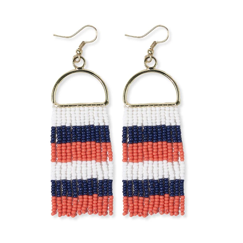 Allison Horizontal Stripe Beaded Fringe Earrings Navy + Orange | INK+ALLOY