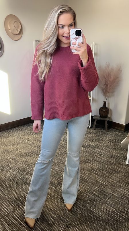 Small sweater. 28 flare jeans  
