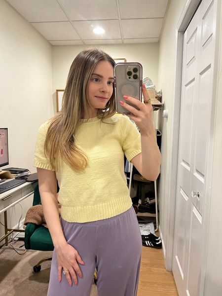 The classic WFH aesthetic: cute top and PJ bottoms🤣 already have several colors in these PJs because they are that soft, I wear a small. Sized up to a medium in the Abercrombie sweater for a more oversized fit. Also loving these spring colors perfect for Easter 

#LTKworkwear #LTKSeasonal #LTKstyletip