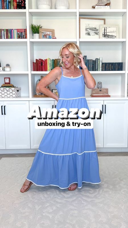 Amazon unboxing & try-on:
1. Ric rac maxi dress - size small. Has a 5% coupon.
2. Striped tank dress - size small. Use code 30AY92DC for 30% off (plus a 10% coupon).
3. Ric rac 2-piece shorts set - size small. Use code 303OSZJK for 30% off.
4. 2-piece skirt set - size medium (defined needed to order a small). Currently on deal 24% off. 
• jumpsuit (from the beginning) - size small.
• sandals - tts. 

#LTKSeasonal #LTKfindsunder50 #LTKVideo