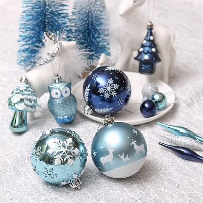 80pc Blue and Silver Ornament Bundle Set, Owls and Glittery Winter Tree Set| OrnamentallyYou | Target
