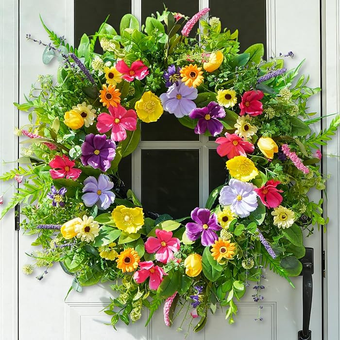 Spring Wreath for Front Door 24 Inch, Luxury Colorful Seasonal Wreath with Eucalyptus & Wild Bloo... | Amazon (US)