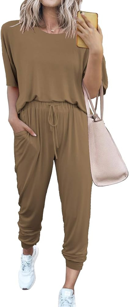 PRETTYGARDEN Women’s Two Piece Outfit Short Sleeve Pullover With Drawstring Long Pants Tracksuit Jog | Amazon (US)