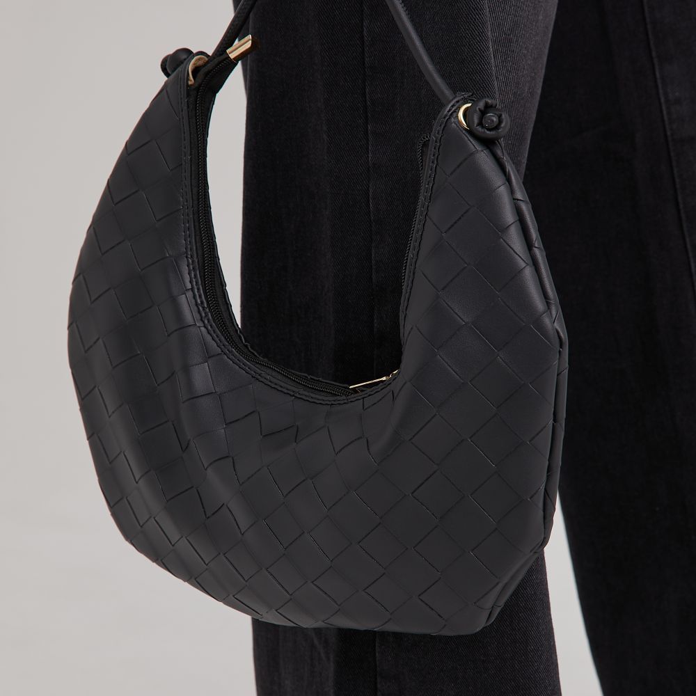 Eyra Woven Detail Half Mood Shaped Shoulder Bag In Black Faux Leather | Ego Shoes (UK)