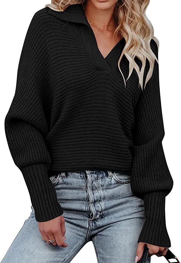 Chigant Women's Batwing Pullover Sweaters Casual Loose Long Sleeve Knit Foldover Collared Polo V ... | Amazon (US)