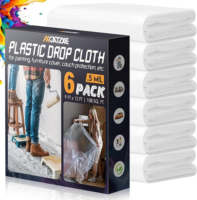 12 x 9 Ft Plastic Drop Cloths (6-Pack) - Disposable Painter's Sheeting & Tarps for Painting, Wate... | Amazon (US)