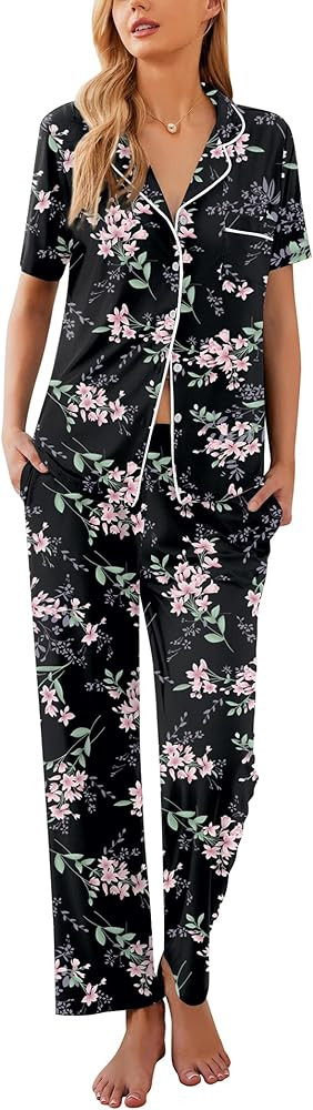 Ekouaer Women Pajamas Set Button Down Sleepwear Short Sleeve Nightwear with Long Pants Soft Pjs S... | Amazon (US)