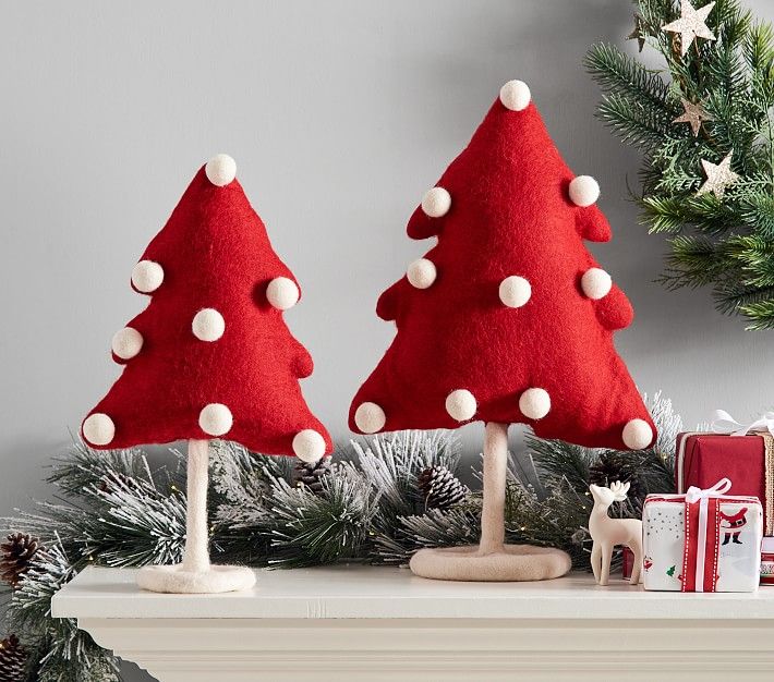 Red Pom Pom Felted Wool Trees, Set of 2 | Pottery Barn Kids