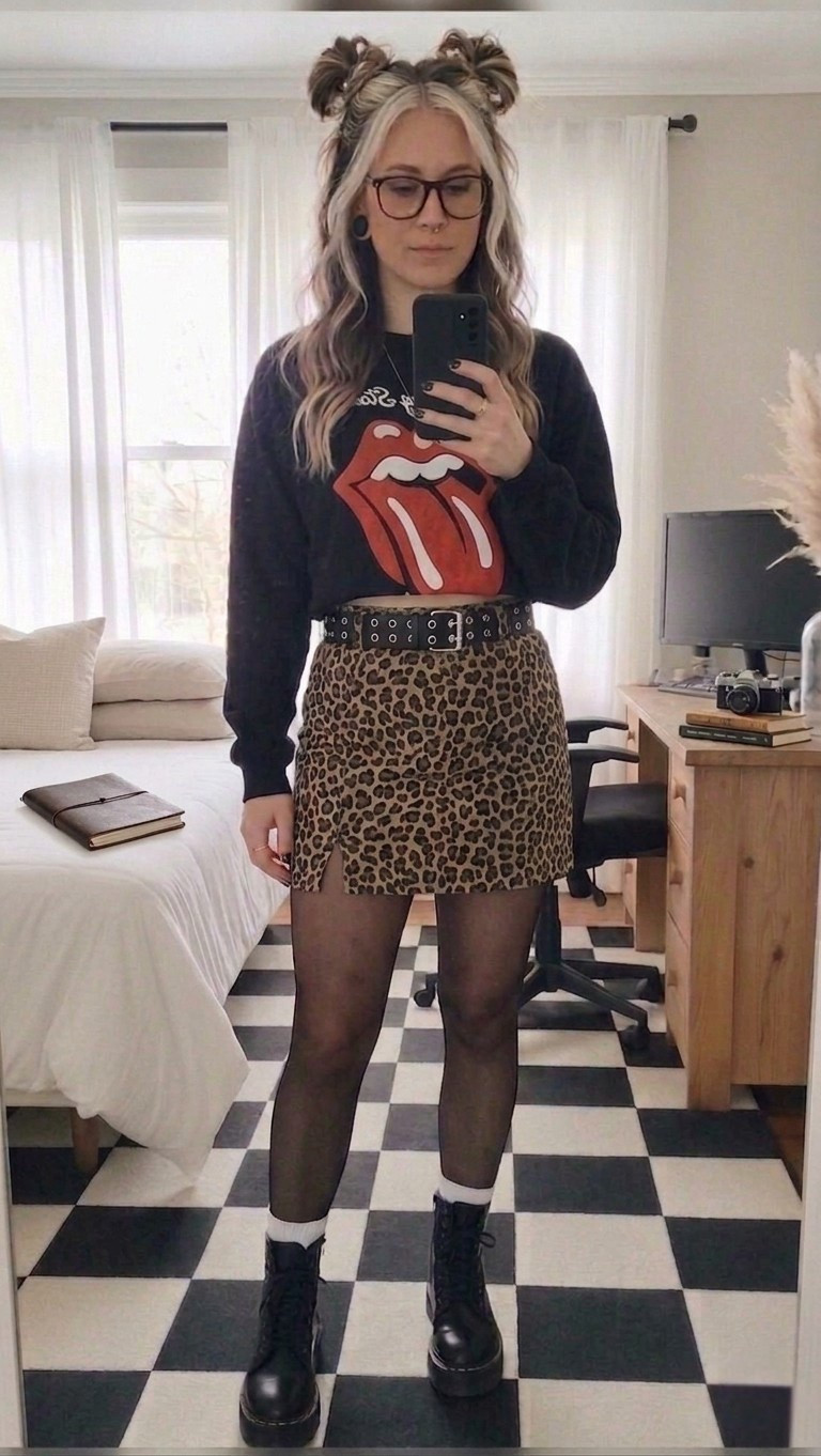 Shop the Look: Edgy Half-Up Space Buns & Graphic Prints 🤘✨

Obsessed with this effortless "cool girl" aesthetic! I paired a cropped Rolling Stones sweatshirt with the ultimate leopard print mini for a mix of textures that just works. These platform combat boots are a total closet staple—comfortable enough for all-day wear but chunky enough to make a statement. Perfect for a concert, a coffee date, or just feeling like a total rockstar on a Tuesday.

#LTKMidsize #LTKootd #LTKSeasonal