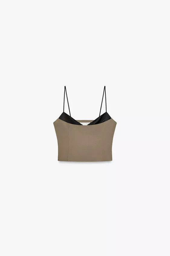 Satin-trimmed V-neck crop top with spaghetti straps. Hidden side zip closure. | Zara US