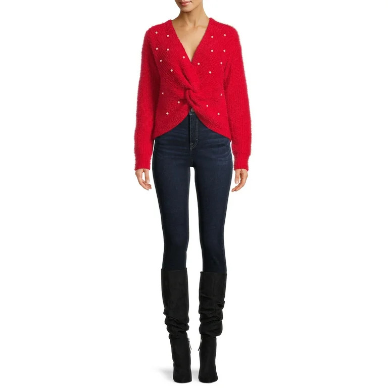 No Boundaries Juniors' Twist Faux Pearl Sweater | Walmart (US)