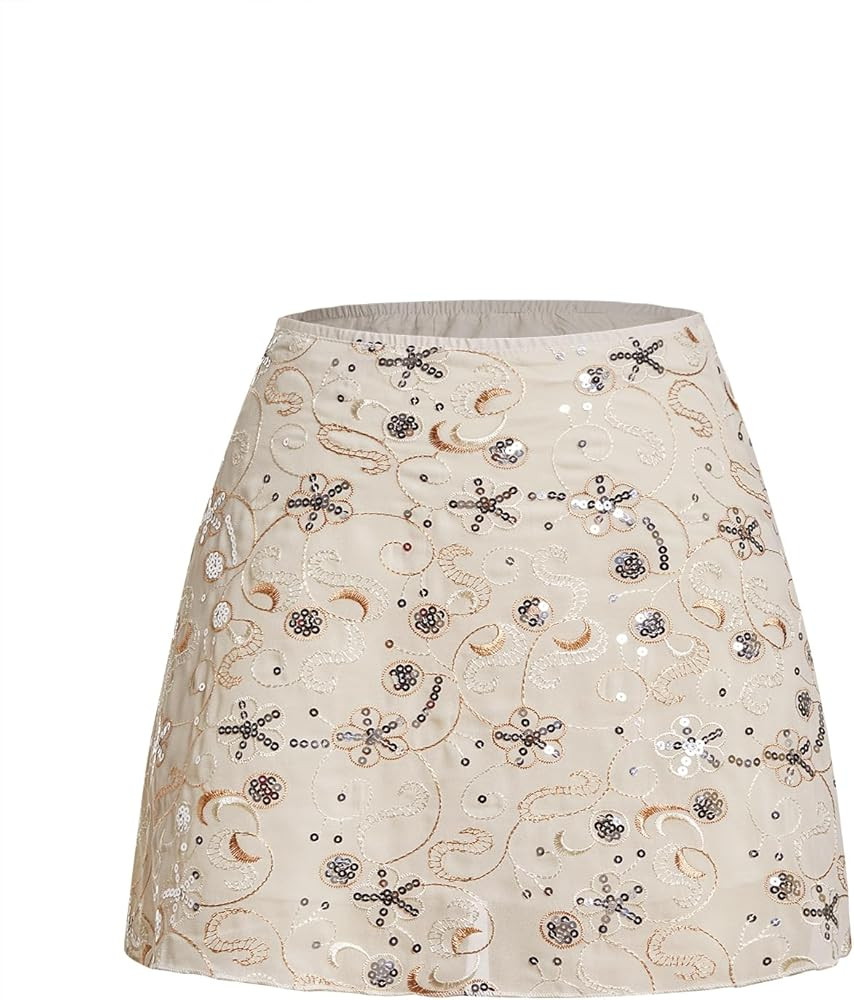 SweatyRocks Women's Sequin Mini Skirt Y2K Sparkly Beaded Floral Embroidery Skirts | Amazon (US)