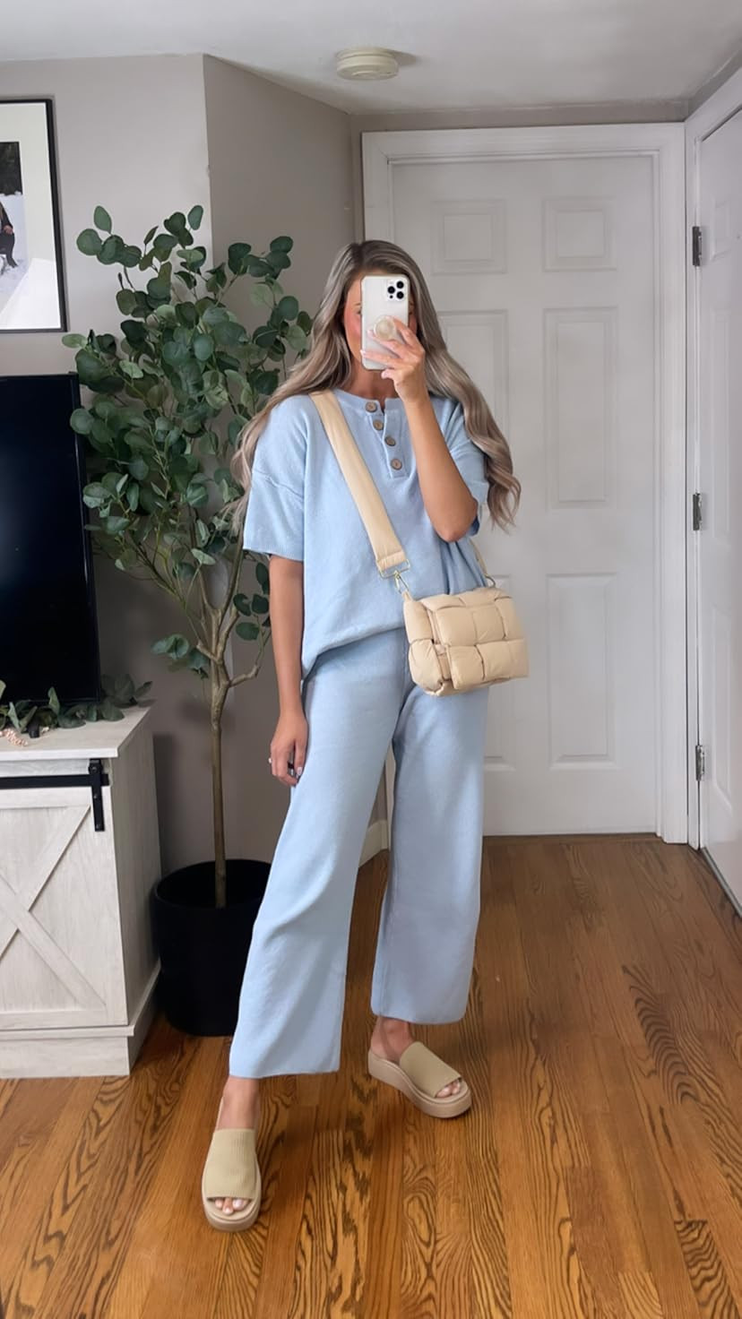 Pink Queen Women's 2 Piece Outfits Short Sleeve Button Knit Pullover Sweater Top Wide Leg Pants S... | Amazon (US)