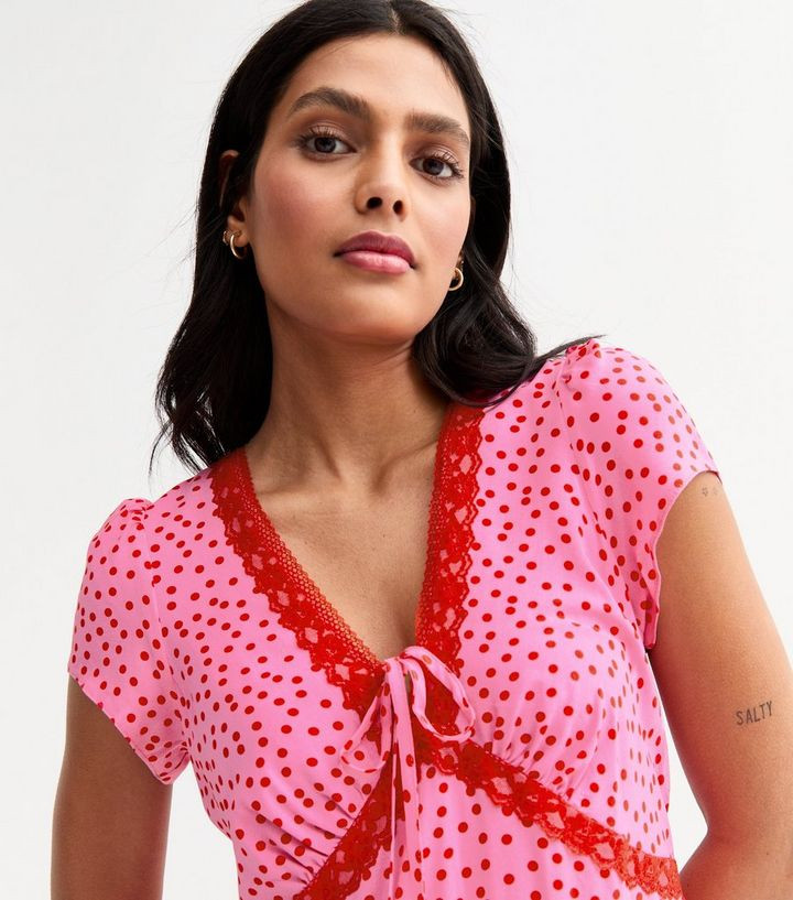 Pink Polka Dot Print Lace Trim Midi Dress
						
						Add to Saved Items
						Remove from Saved... | New Look (UK)