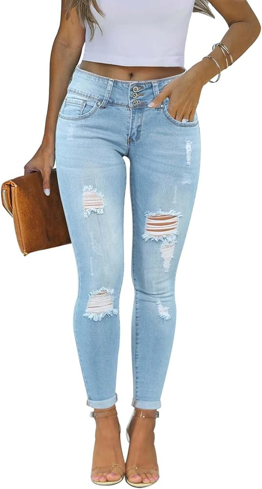 KUNMI Women's Skinny Ripped Trendy Jeans Distressed Stretchy Denim Pants | Amazon (US)